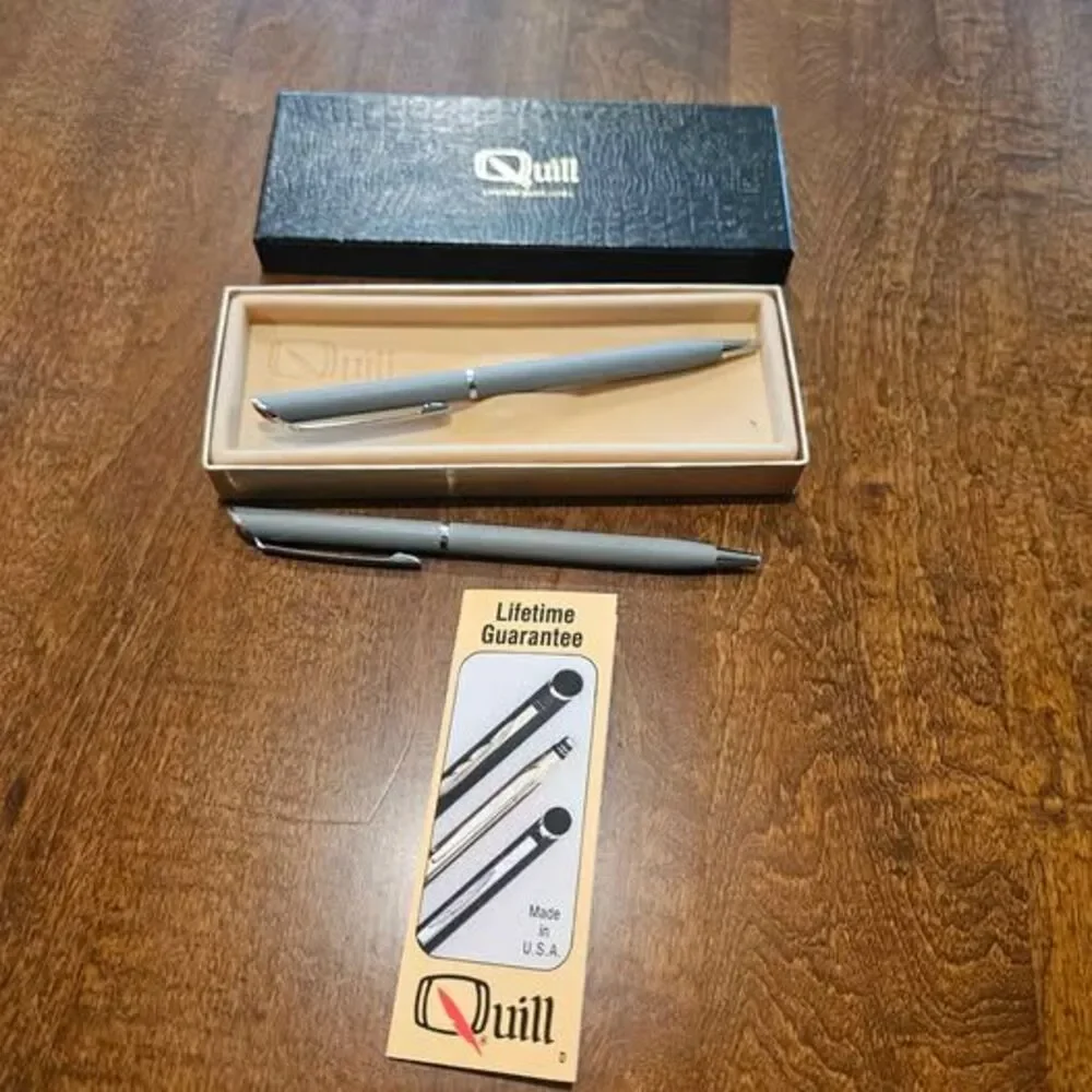 Quill ballpoint pen set with box lifetime guarantee. Needs new ink